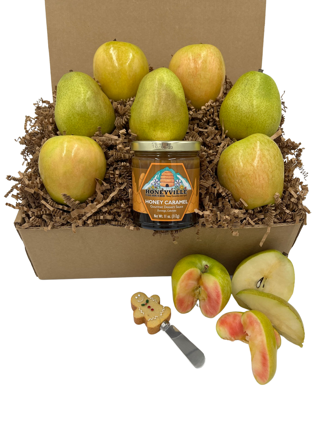 BOX4-Hidden Rose Apples & Comice Pears & Honey Caramel Sauce 7 CT - Honey Bear Fruit Baskets